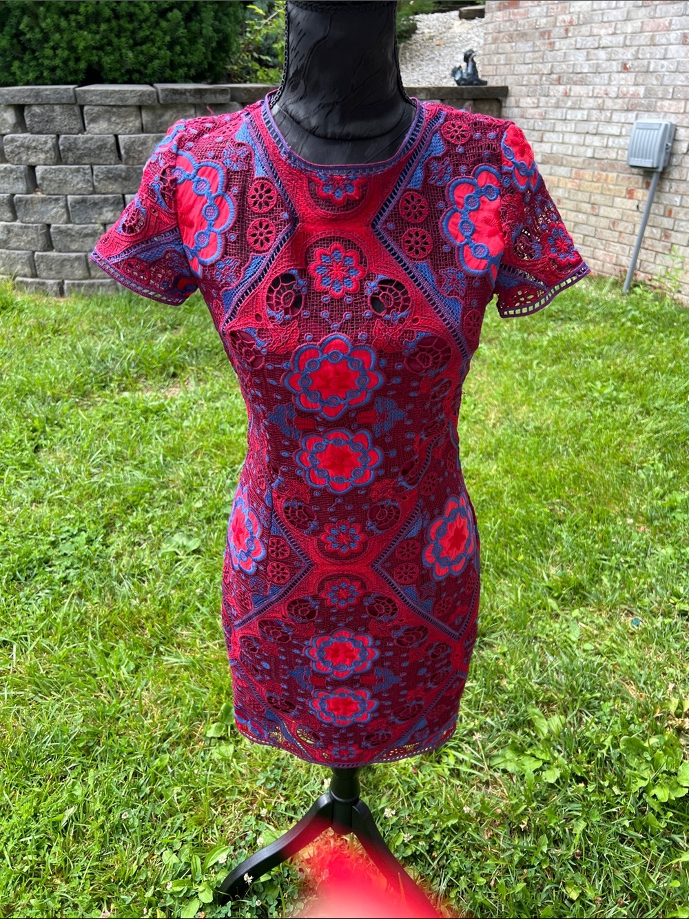 Minuet Petite Red & Blue Crocheted Floral Mini Dress